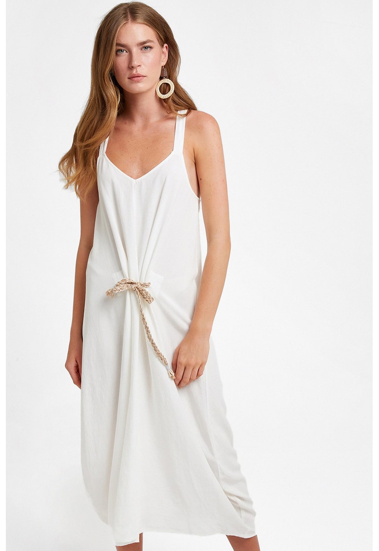 Rochie midi din amestec de in cu decolteu in V