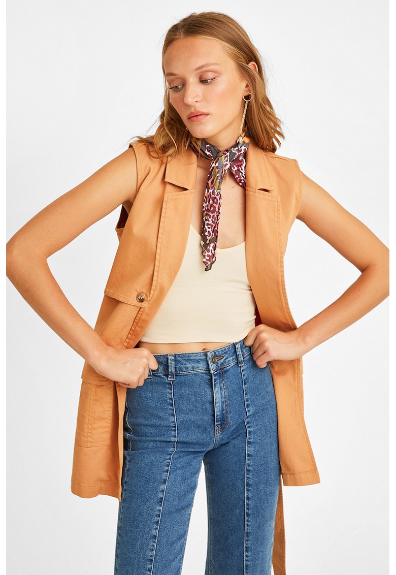 Vesta din amestec de bumbac cu revere decupate si cordon in talie