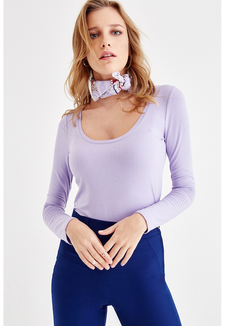 Bluza slim fit cu decolteu rotund - Violet deschis