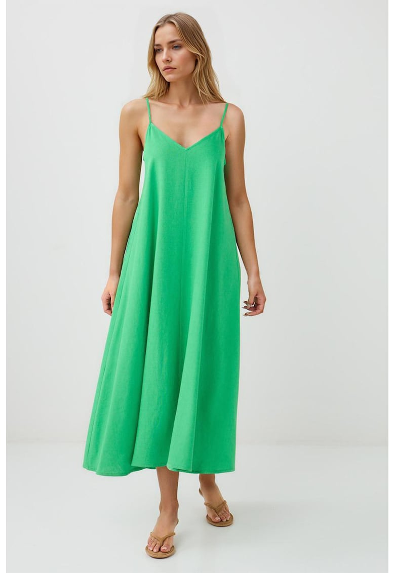 Rochie evazata din amestec de in cu bretele subtiri