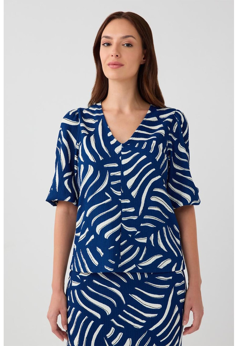 Camasa cu model si maneci medii - Alb optic/Bleumarin