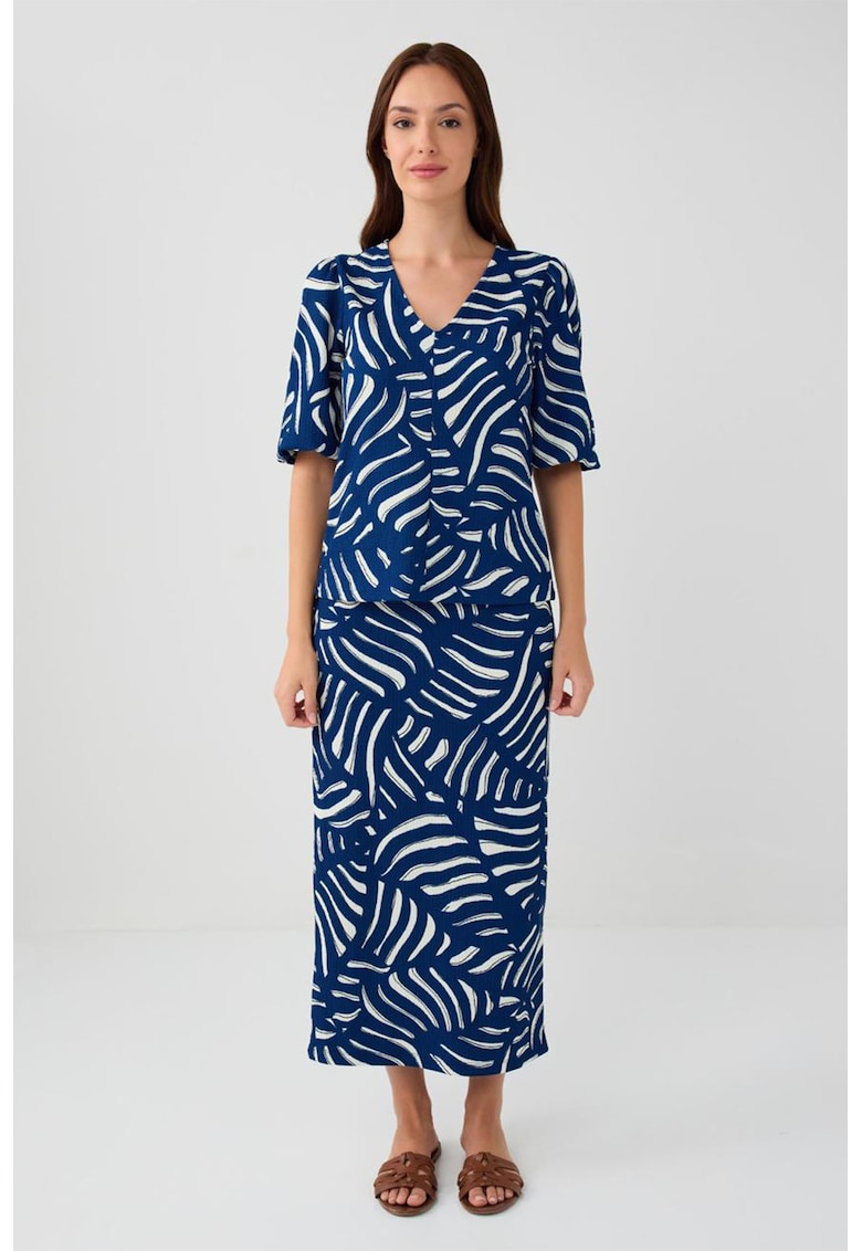 Fusta lunga dreapta cu model - Alb murdar/Bleumarin