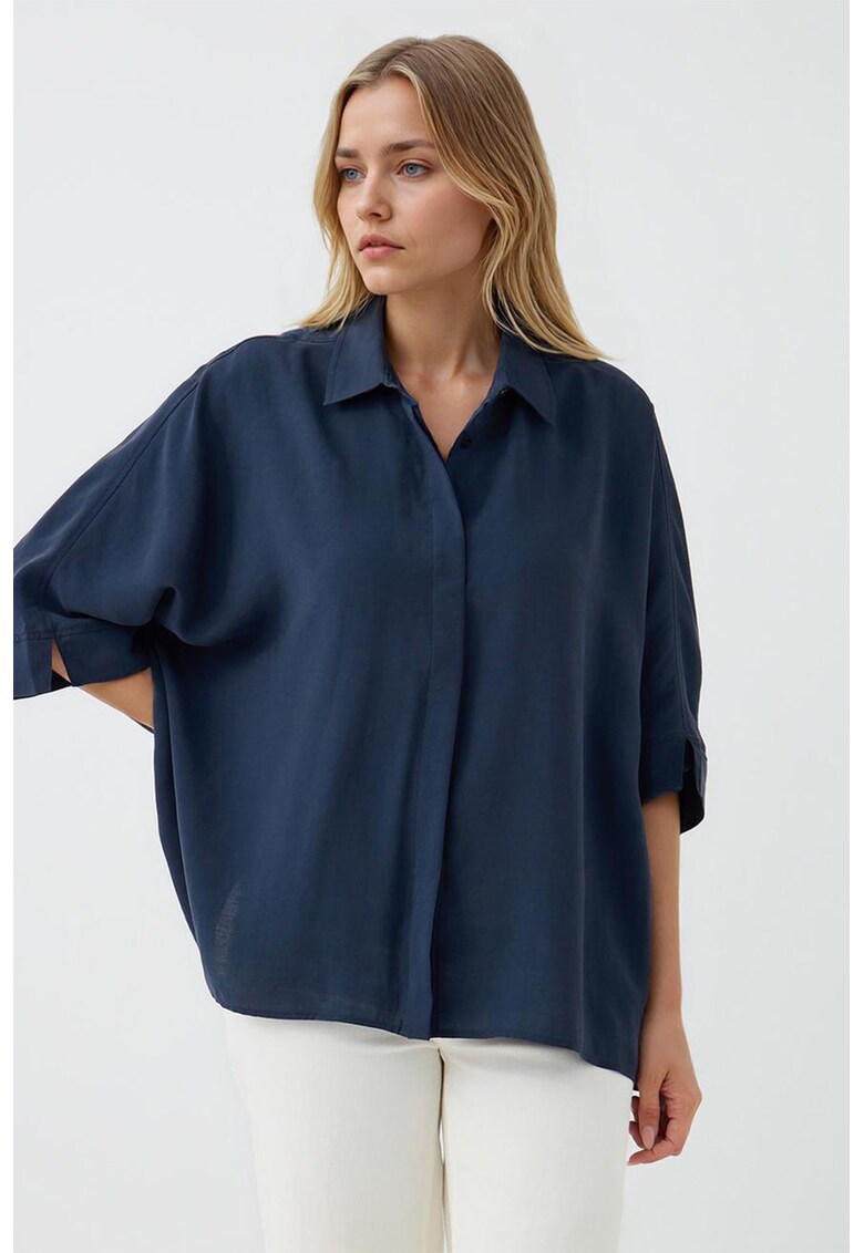 Camasa din amestec de modal cu maneci cazute - Bleumarin