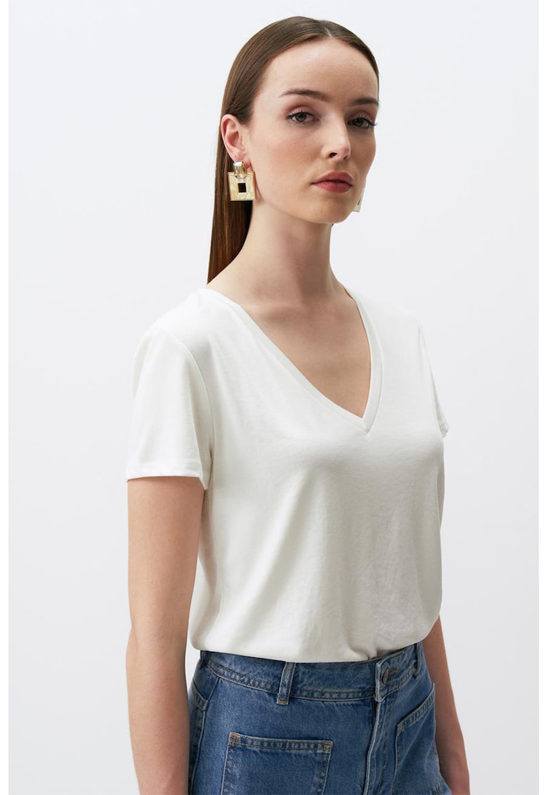 Tricou din amestec de modal cu decolteu in V - Alb murdar