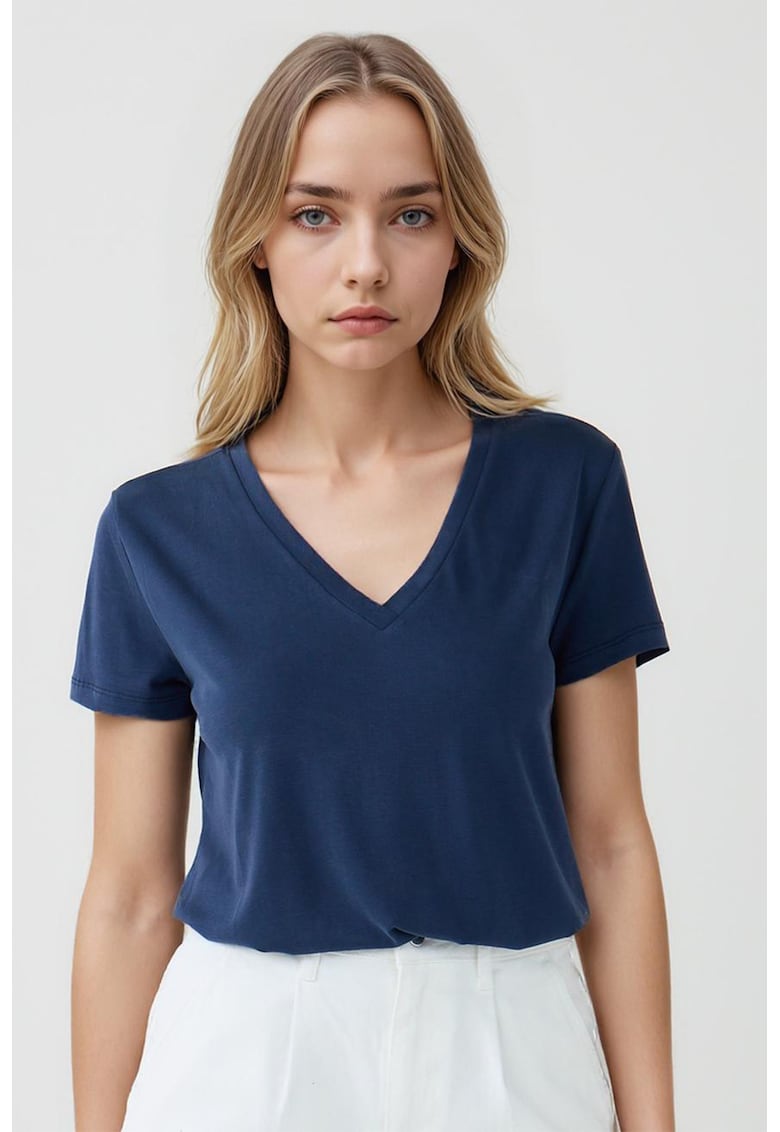 Tricou din amestec de modal cu decolteu in V - Bleumarin