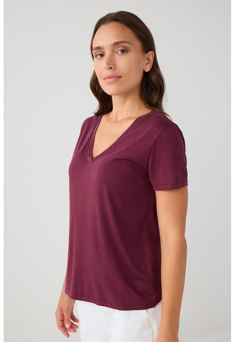 Tricou din amestec de modal cu decolteu in V - Visiniu