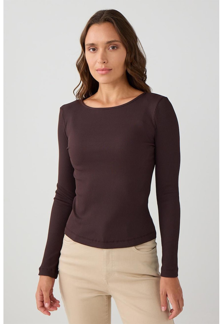 Bluza slim-fit cu decolteu rotund - Maro inchis