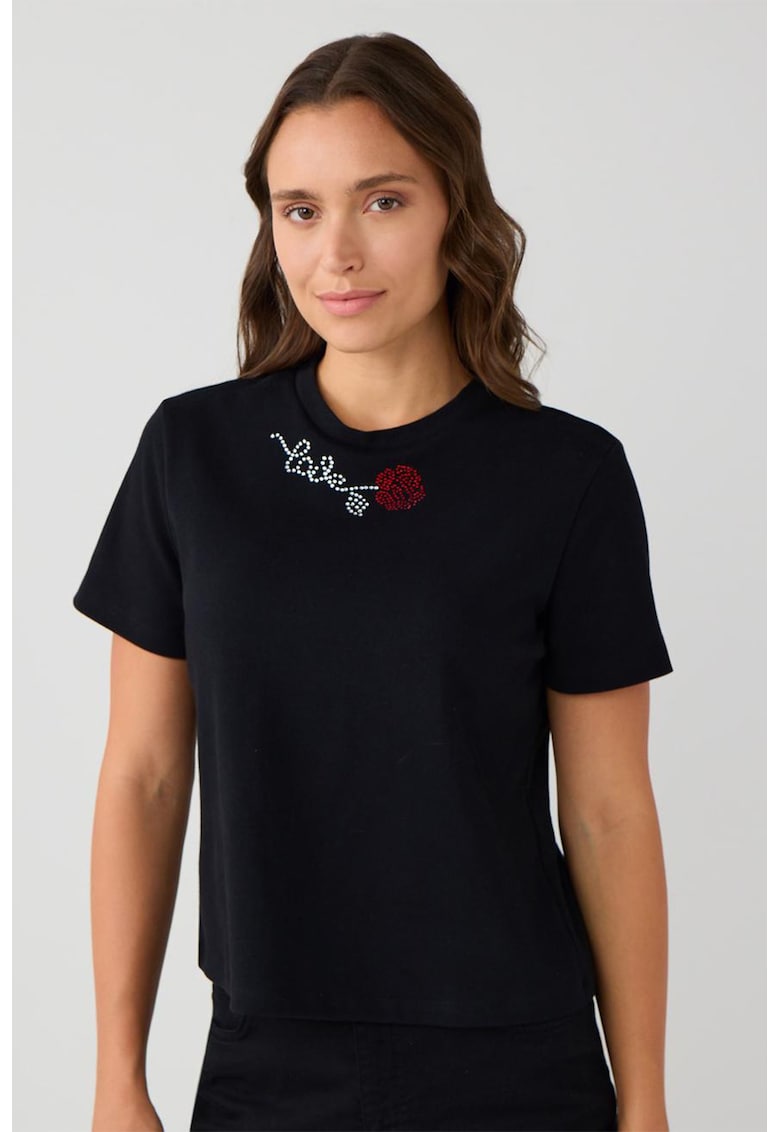 Tricou din bumbac cu decolteu la baza gatului - Negru