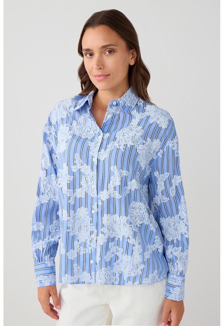 Camasa cu aplicatii florale si dungi - Alb murdar/Albastru deschis