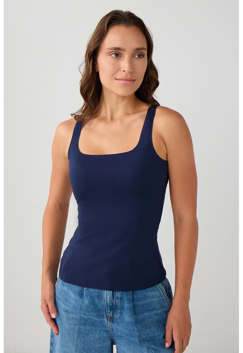 Top slim-fit cu decolteu patrat - Bleumarin