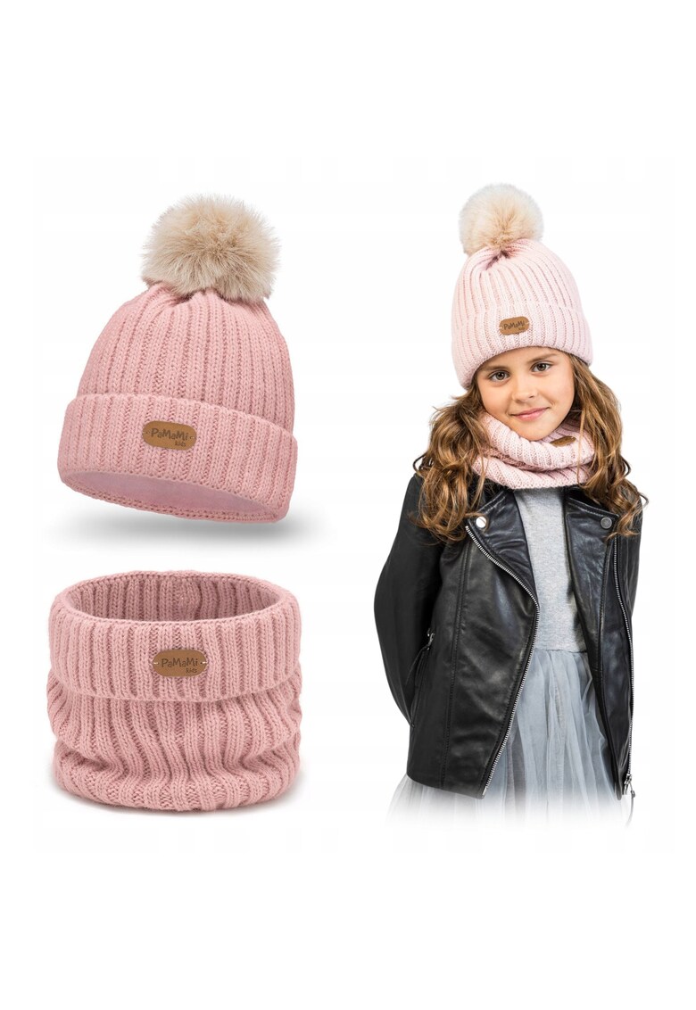 Set de iarna pentru copii - caciula roz calda cu esarfa pentru fete - marime 50-55 cm - material: 15% poliamida - 85% acril - functii: protectie impotriva frigului - moale la atingere - nu isi schimba forma dupa spalare - pompom ecologic - setul include