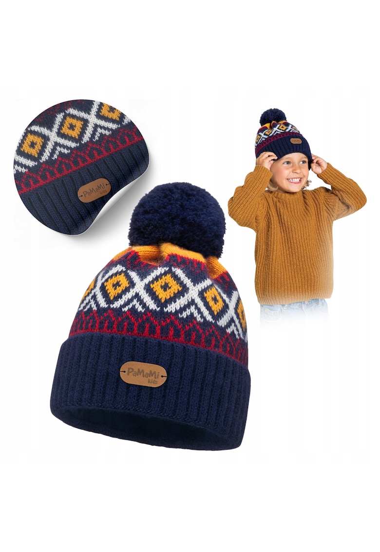 Caciula de iarna - 20205-019 - 3-4 ani - 100% acril - captuseala din fleece - modele norvegiene - bleumarin - pentru baieti - certificat Oeko-Tex® Standard 100 - material elastic - pompon decorativ - rezistent la inghet