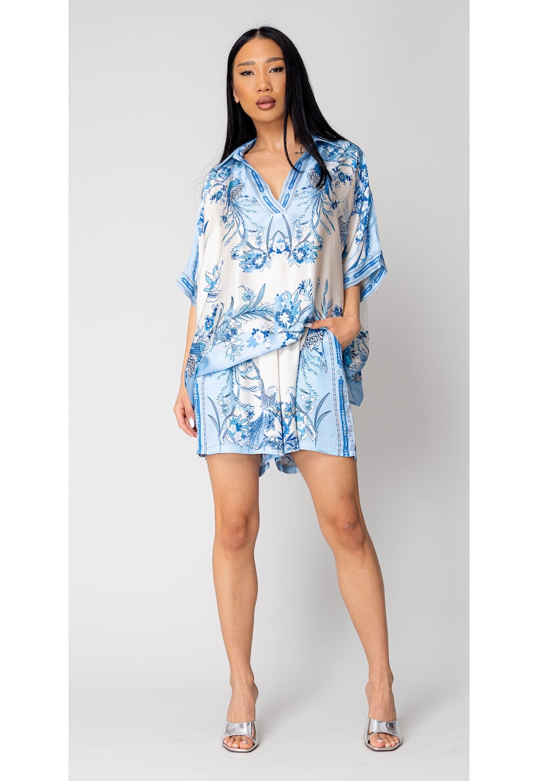 Set Shells bluza si pantalon scurt din mix matase Off White/Blue 16392