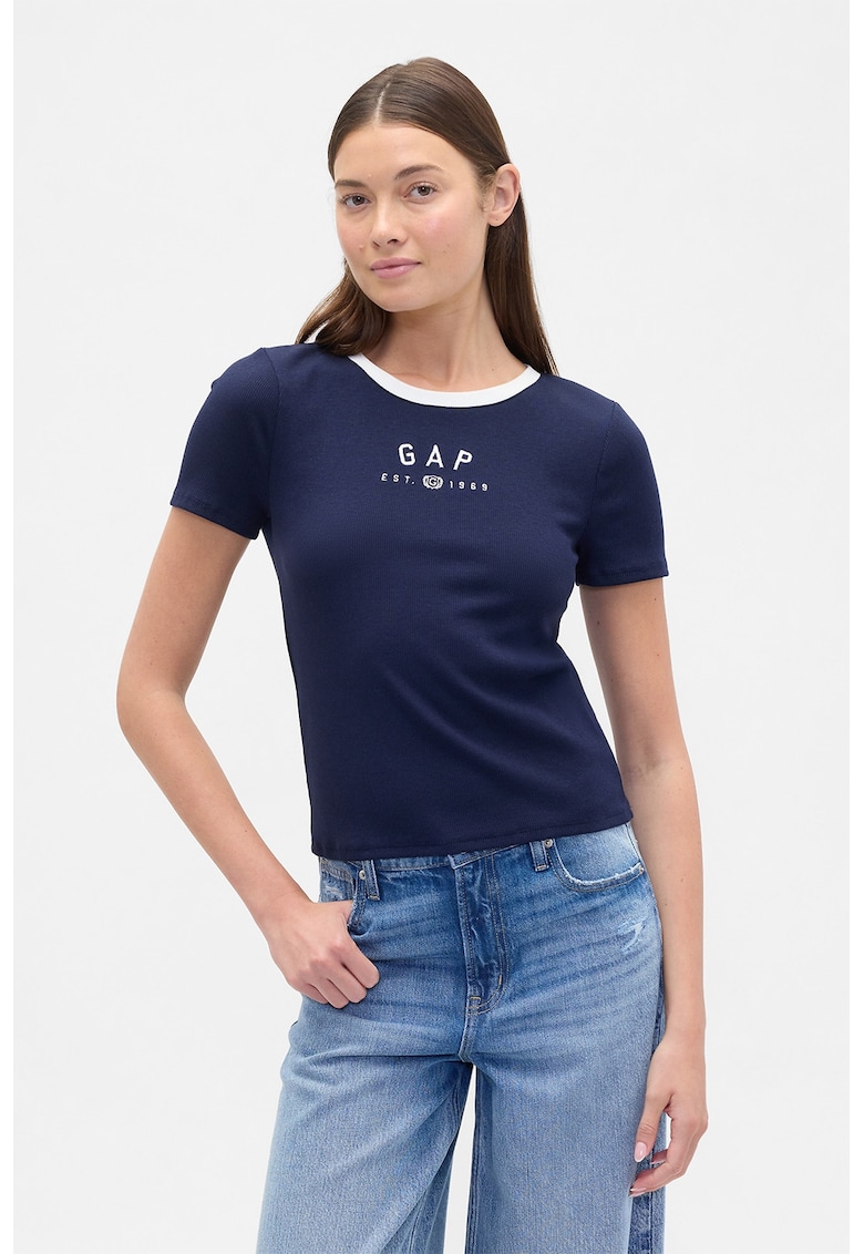 Tricou slim fit din amestec de modal - Alb/Bleumarin