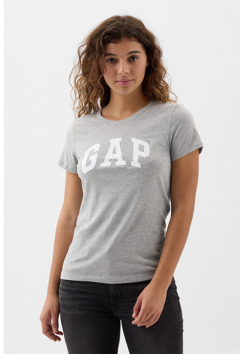 Tricou cu imprimeu si decolteu la baza gatului - Alb/Gri melange