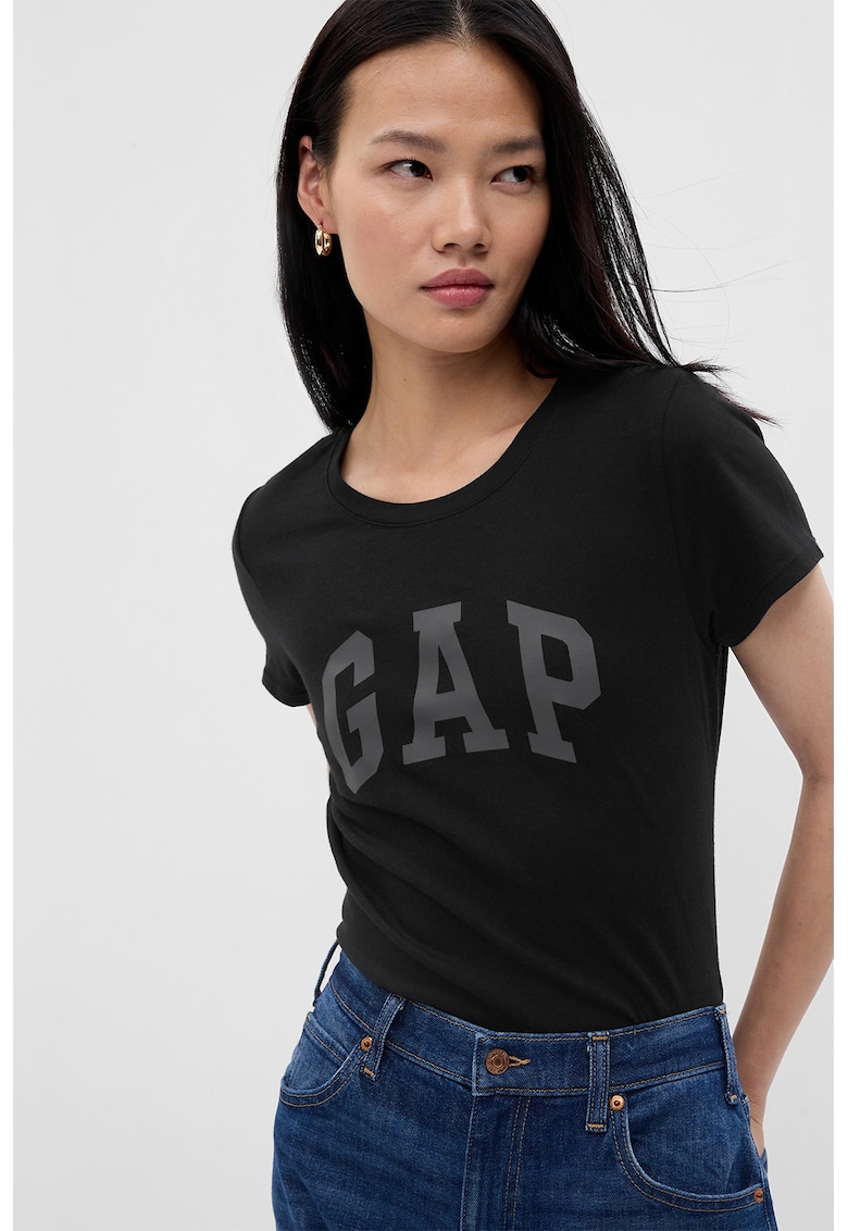 Tricou cu imprimeu si decolteu la baza gatului - Negru/Gri antracit