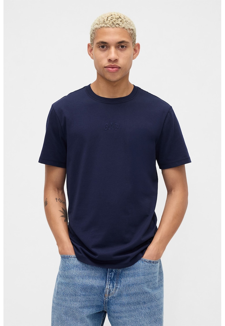 Tricou din bumbac cu decolteu la baza gatului - Bleumarin
