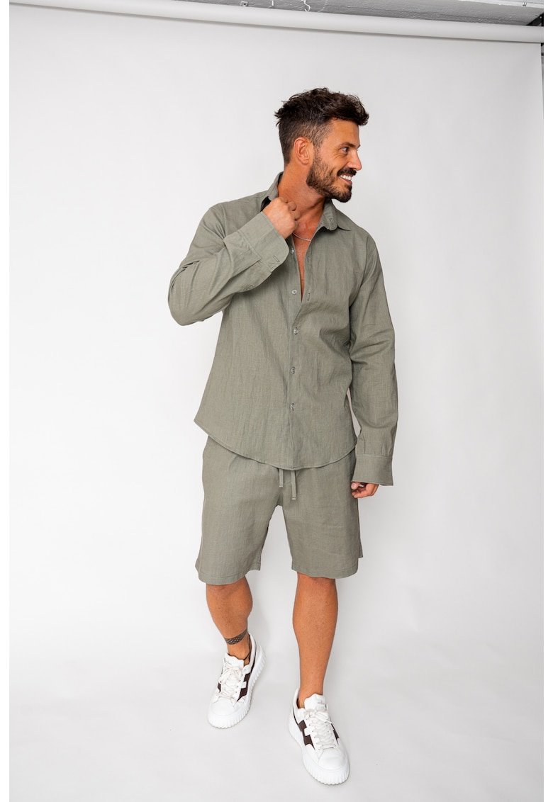 Set Lino 100% In camasa si pantalon scurt Dark Olive 17950 - Verde masliniu inchis