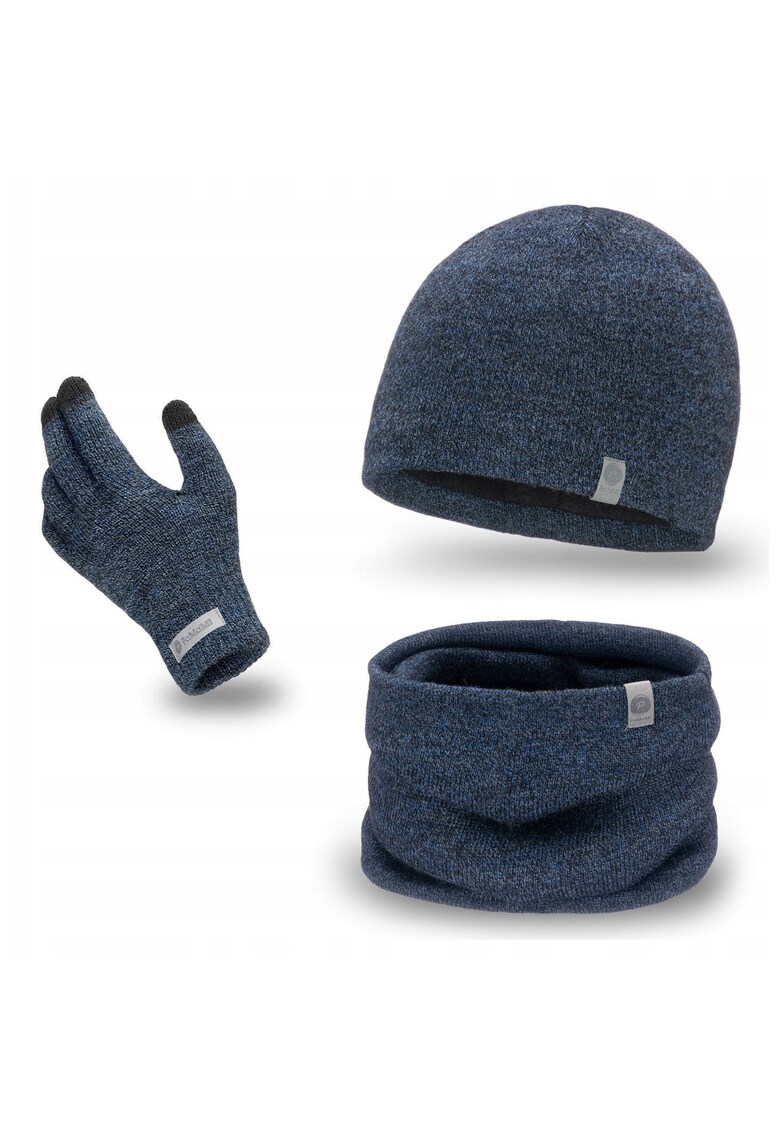 Set de iarna - 14001+16106+16180-031 - Universal - 56-60 cm - Caciula - Esarfa - Manusi touchscreen - Bleumarin - Setul include: caciula - esarfa si manusi - Material: acril - Captuseala calduroasa din fleece - Rezistenta la inghet - Stil universal
