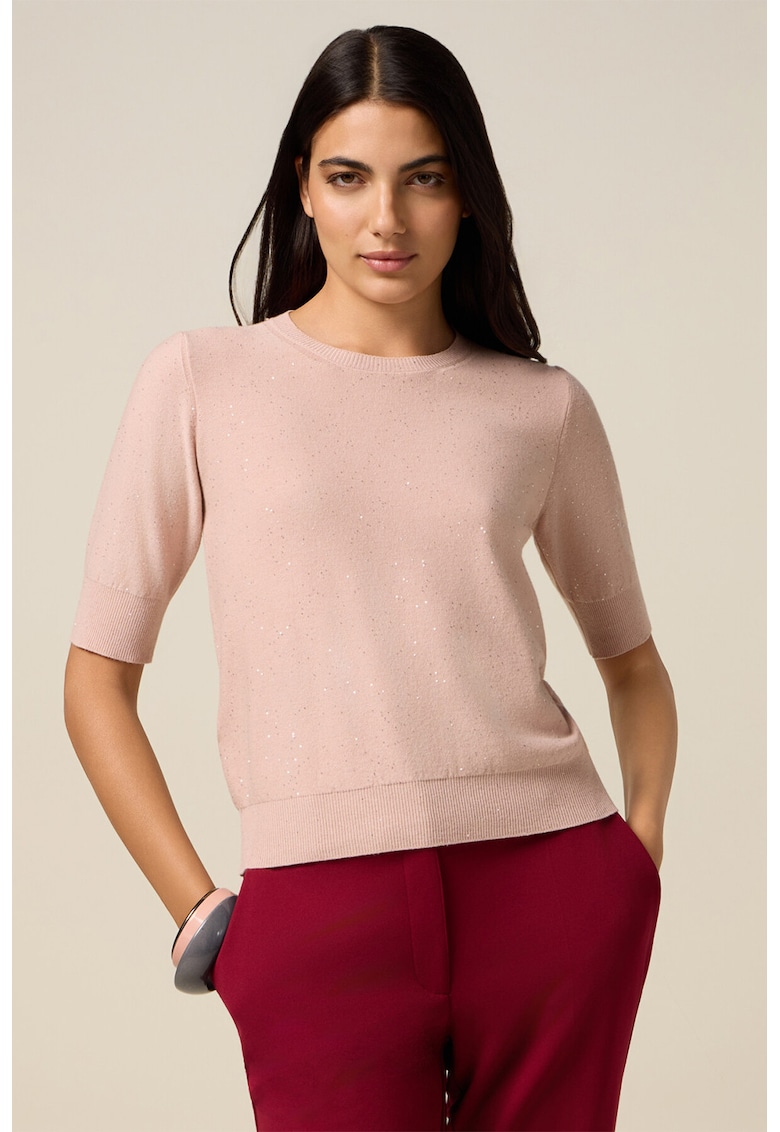 Pulover tricotat fin cu decolteu la baza gatului si insertii stralucitoare