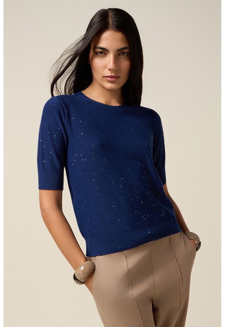 Pulover tricotat fin cu decolteu la baza gatului si insertii stralucitoare