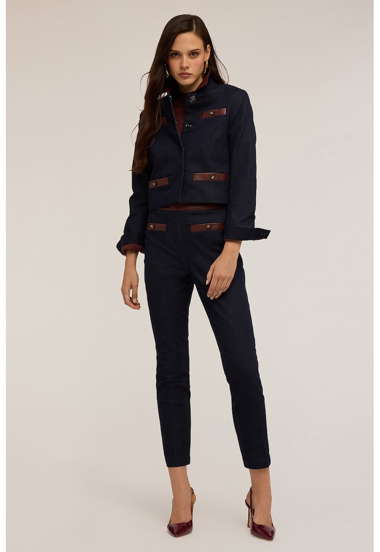 Blugi slim fit crop cu garnituri din piele sintetica