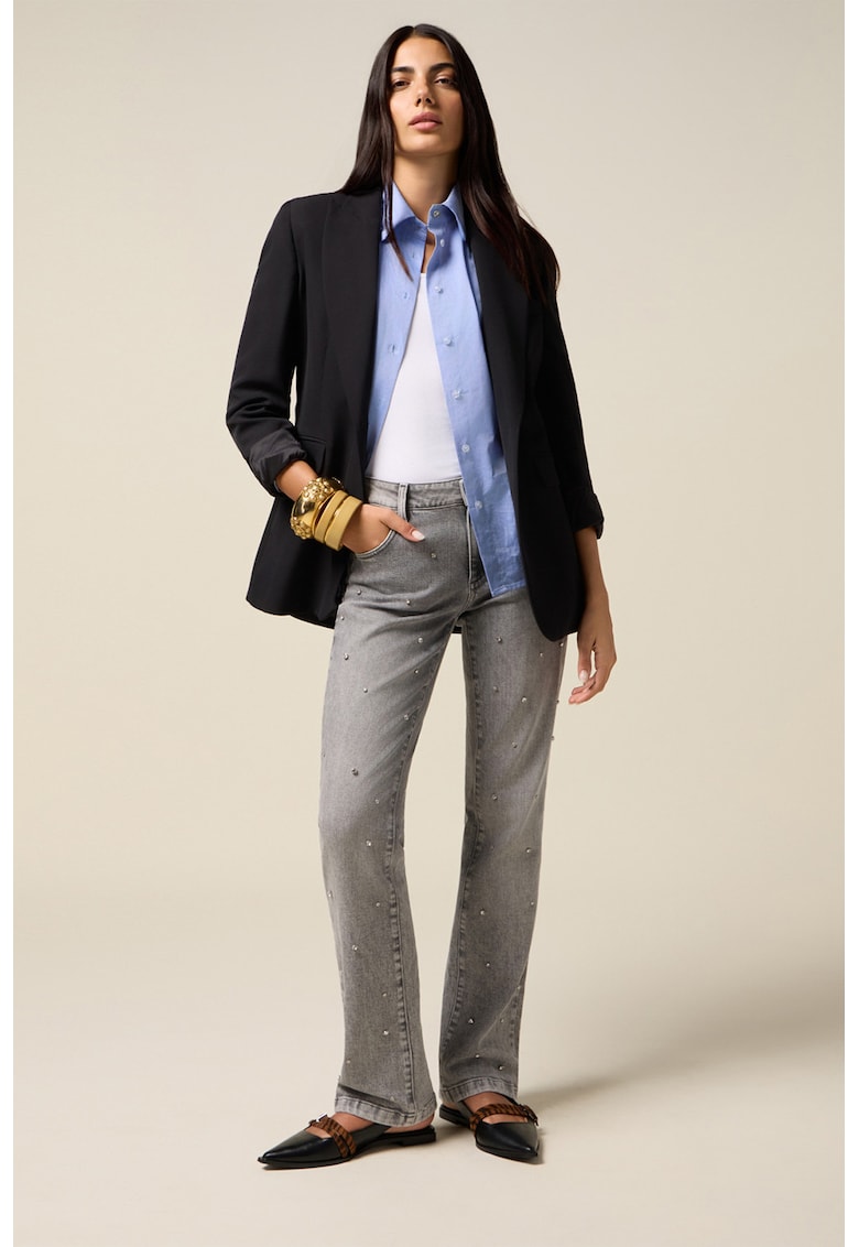 Blugi cu croiala dreapta si aplicatii cu strasuri