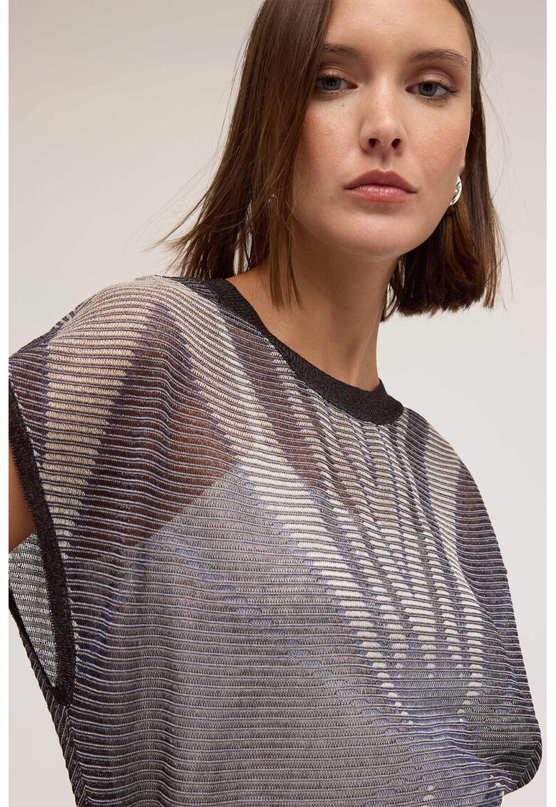 Tricou cu decolteu la baza gatului si imprimeu grafic - Gri deschis/Gri antracit/Crem