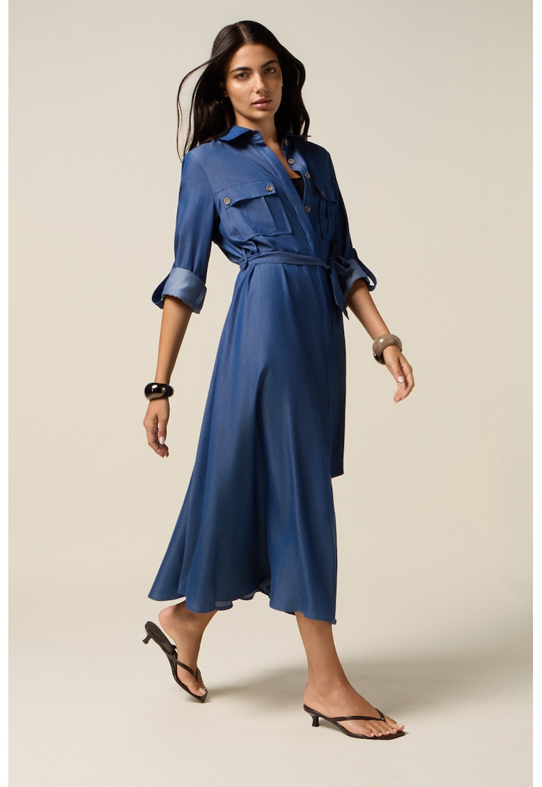 Rochie midi din denim cu cordon in talie