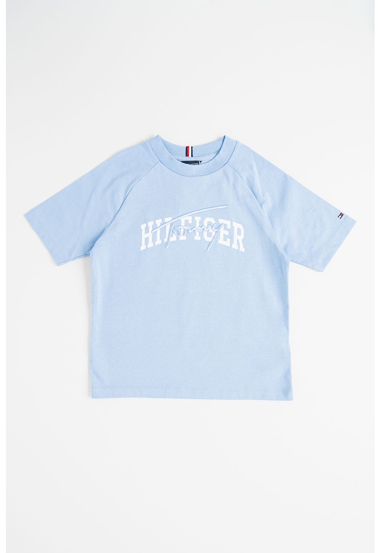 Tricou cu decolteu la baza gatului si imprimeu - Alb/Albastru pastel