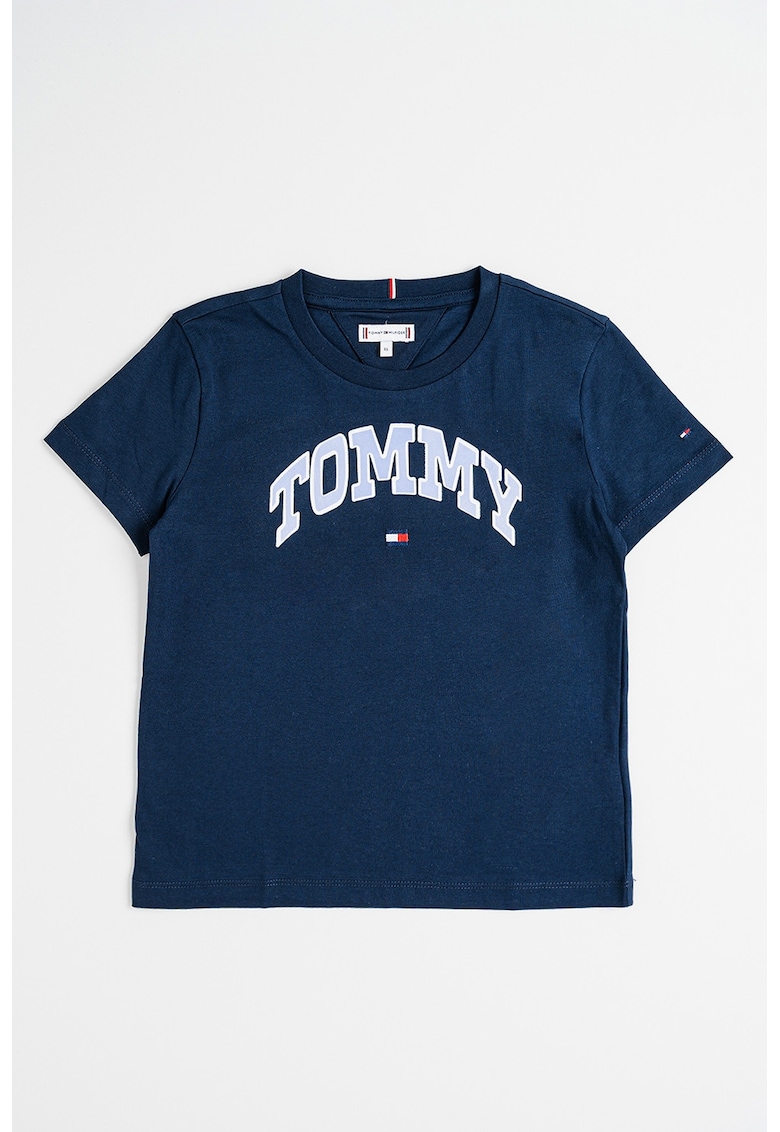 Tricou cu logo si decolteu la baza gatului - Albastru ultramarin