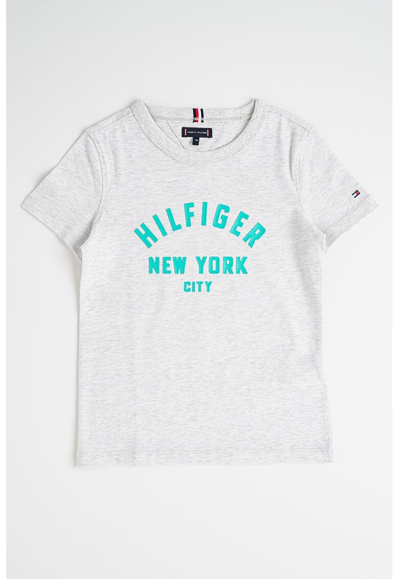 Tricou cu decolteu la baza gatului si imprimeu logo - Verde/Gri melange