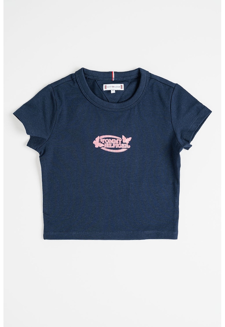 Tricou cu decolteu la baza gatului si imprimeu logo - Albastru ultramarin