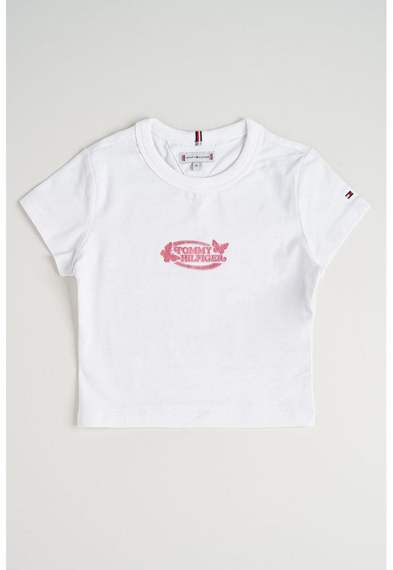 Tricou cu decolteu la baza gatului si imprimeu logo - Alb optic/Roz
