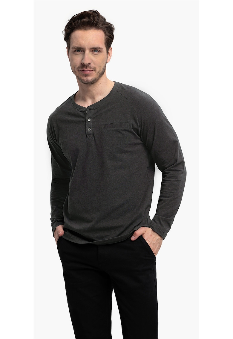 Tricou cu maneca lunga barbati L-Charl - cu decolteu cu nasturi - regular fit - grafit -