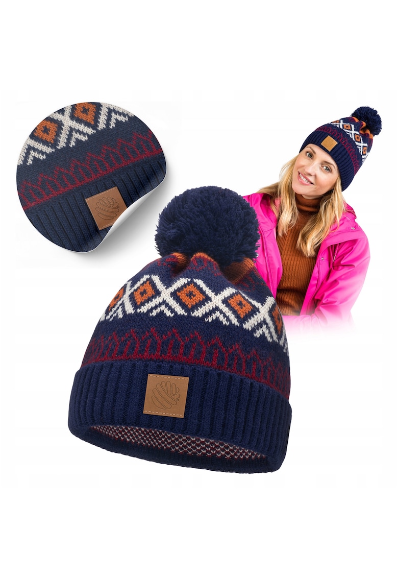Caciula de iarna - cu modele norvegiene - pompom - bleumarin -