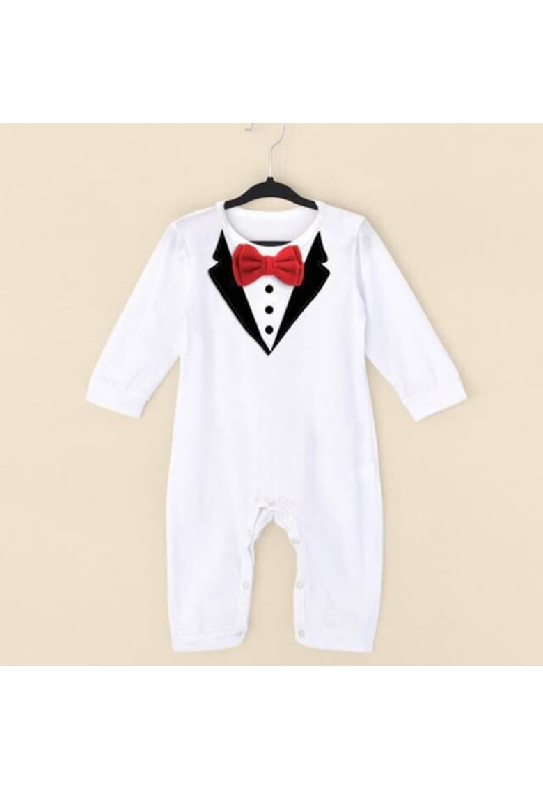 Salopeta Model AL 21689 cu papion rosu - Baieti - 12-18 luni - Alb -