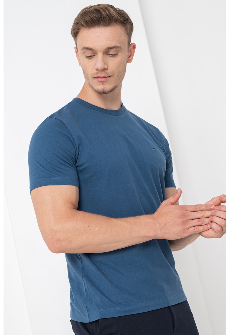 Tricou din bumbac cu decolteu la baza gatului - Albastru inchis