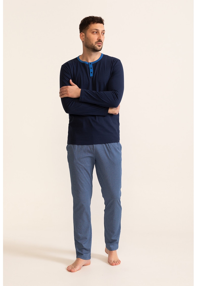 Pijama de bumbac Miller - Alb/Albastru royal/Bleumarin