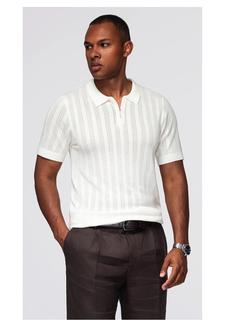 Tricou polo din viscoza cu fermoar OM-POSS-0158 - Alb