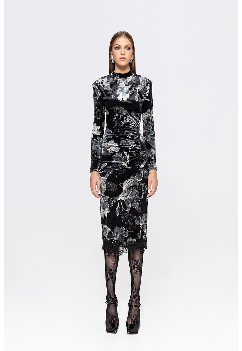 Rochie cambrata cu aspect de catifea si imprimeu
