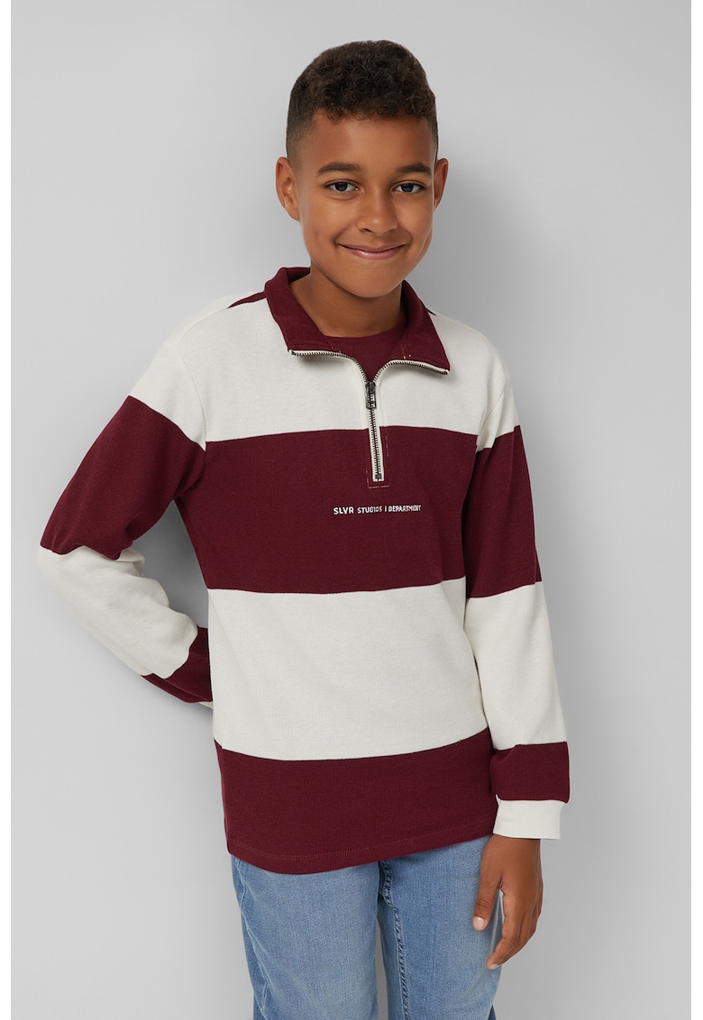 Bluza de trening cu fenta cu fermoar scurt si dungi