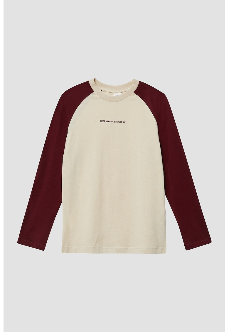 Bluza cu decolteu la baza gatului si design text - Visiniu/Bej deschis