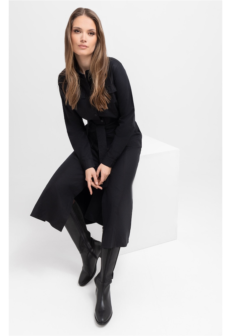 Rochie-camasa maxi cu maneci lungi G-Villa - cu cordon - nasturi - negru