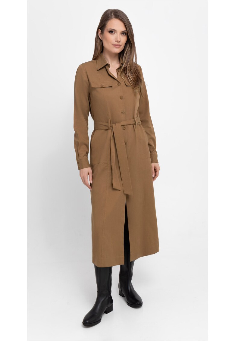 Rochie-camasa maxi cu maneci lungi G-Villa - cu cordon - nasturi - camel