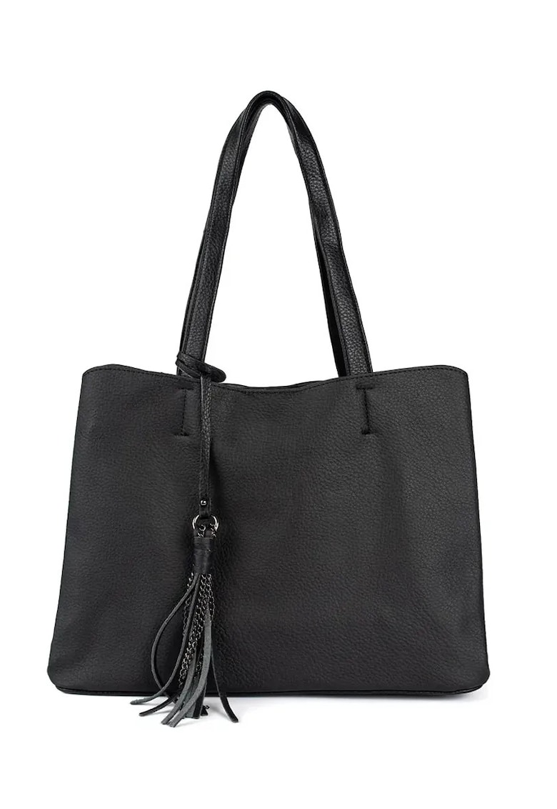 Geanta de dama Shopper mare cu franjuri - neagra - din poliester