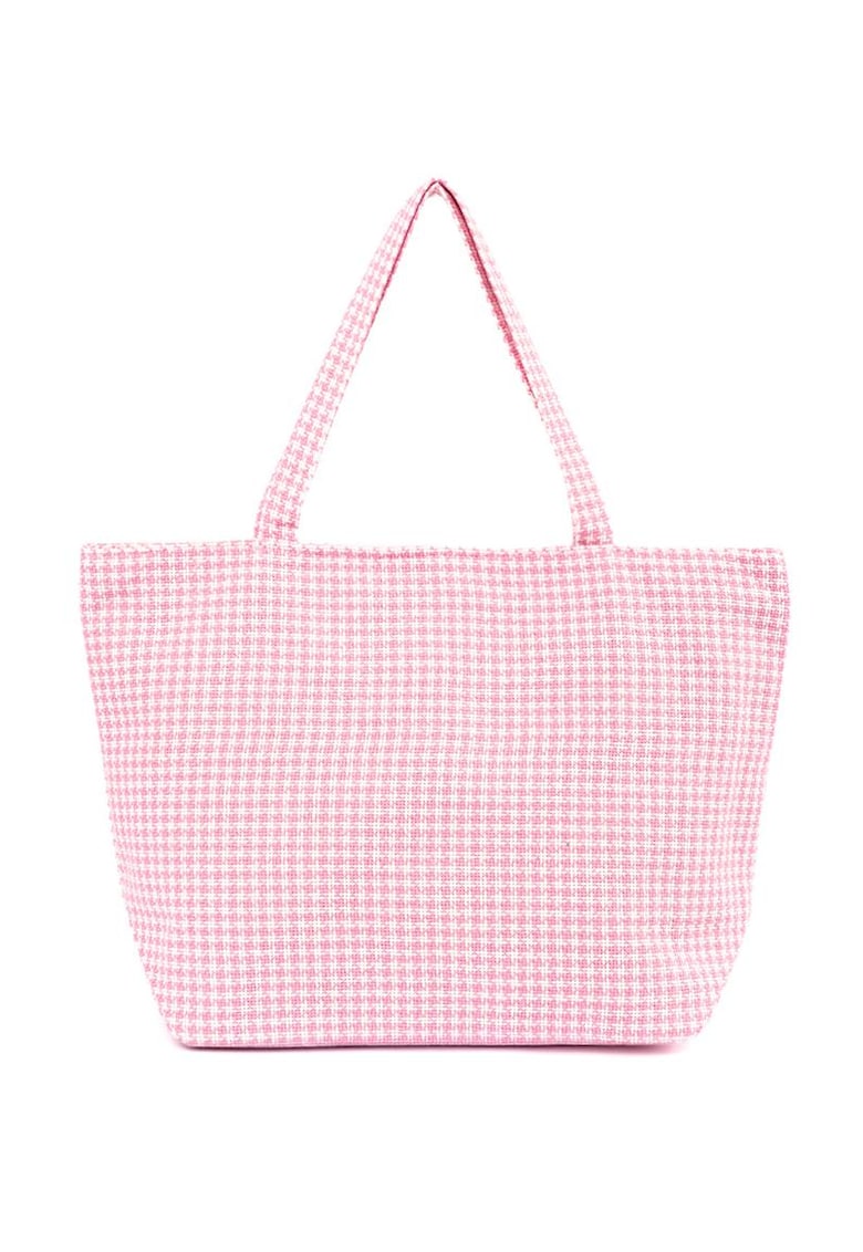 Geanta de plaja in carouri roz si albe