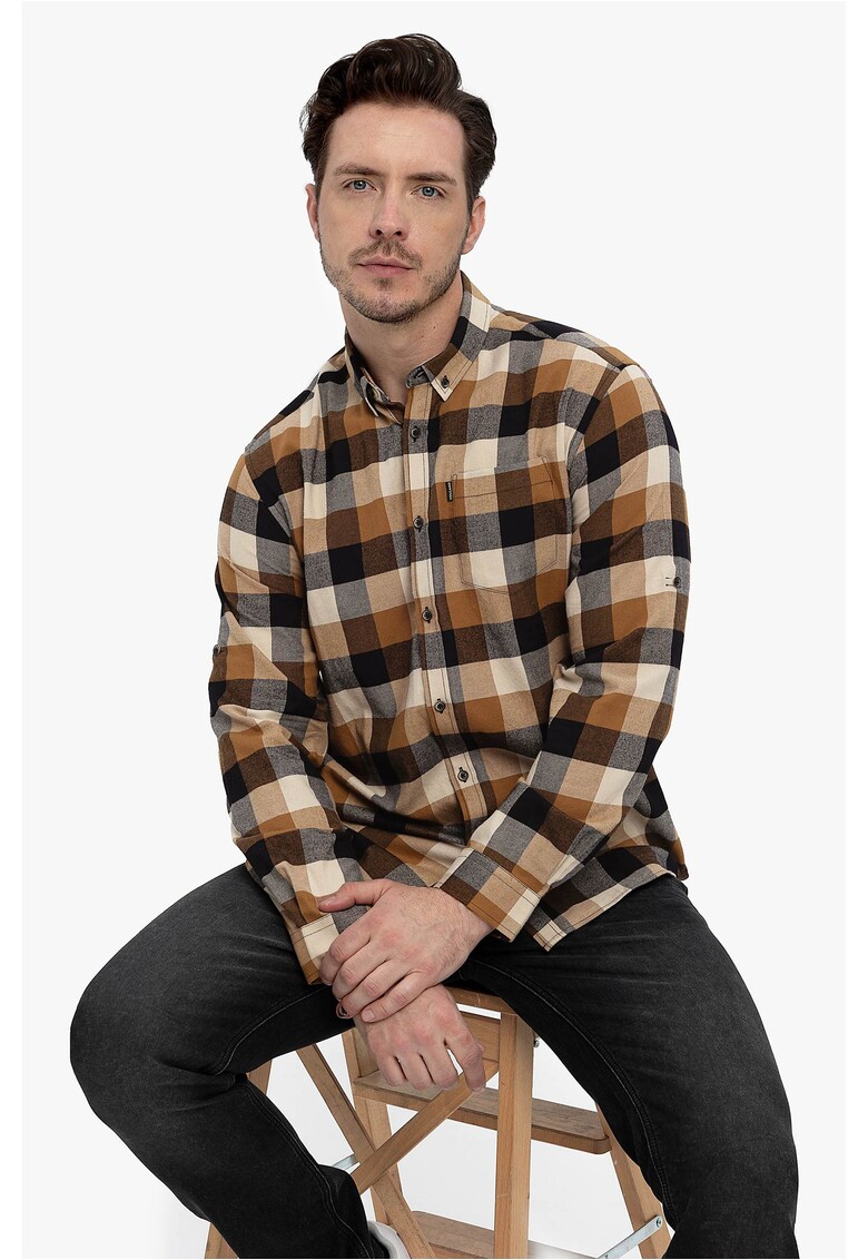 Camasa barbati din bumbac cu model in carouri - maneci lungi - K-Volans - Regular Fit - maro