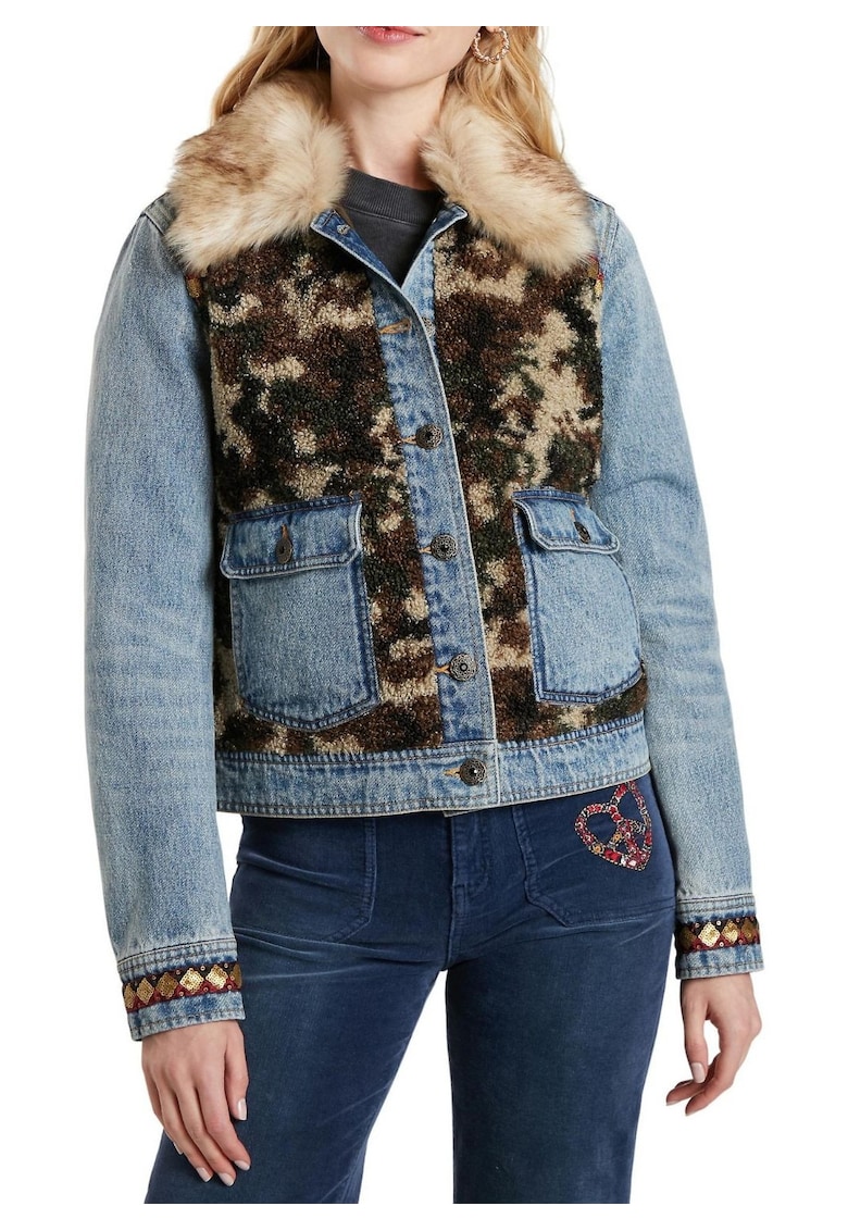 Jacheta din denim cu insertii camuflaj Wild Glam -