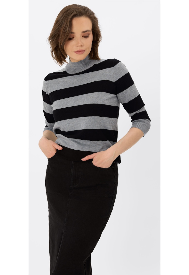 Pulover cu guler inalt - dama - maneci trei sferturi - S-Tess - in dungi negru si gri melange